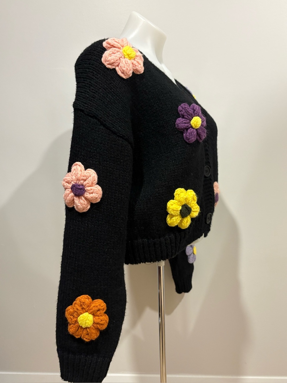 Cider Black V-Neck Button Cardigan with Multicolor Crochet Flowers - Picture 2 of 4